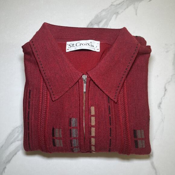 St Croix Shop Mens Large 1/4 Zip Geometric Maroon Sweater Wool Blend Textured - Picture 12 of 12